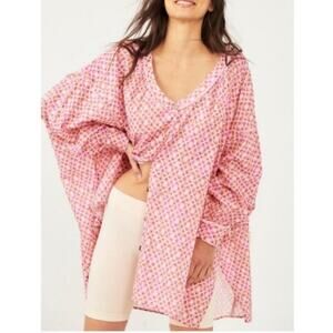 Intimately Free People Oversized Buttondown Blouse Pink Geo Print Linen Blend S